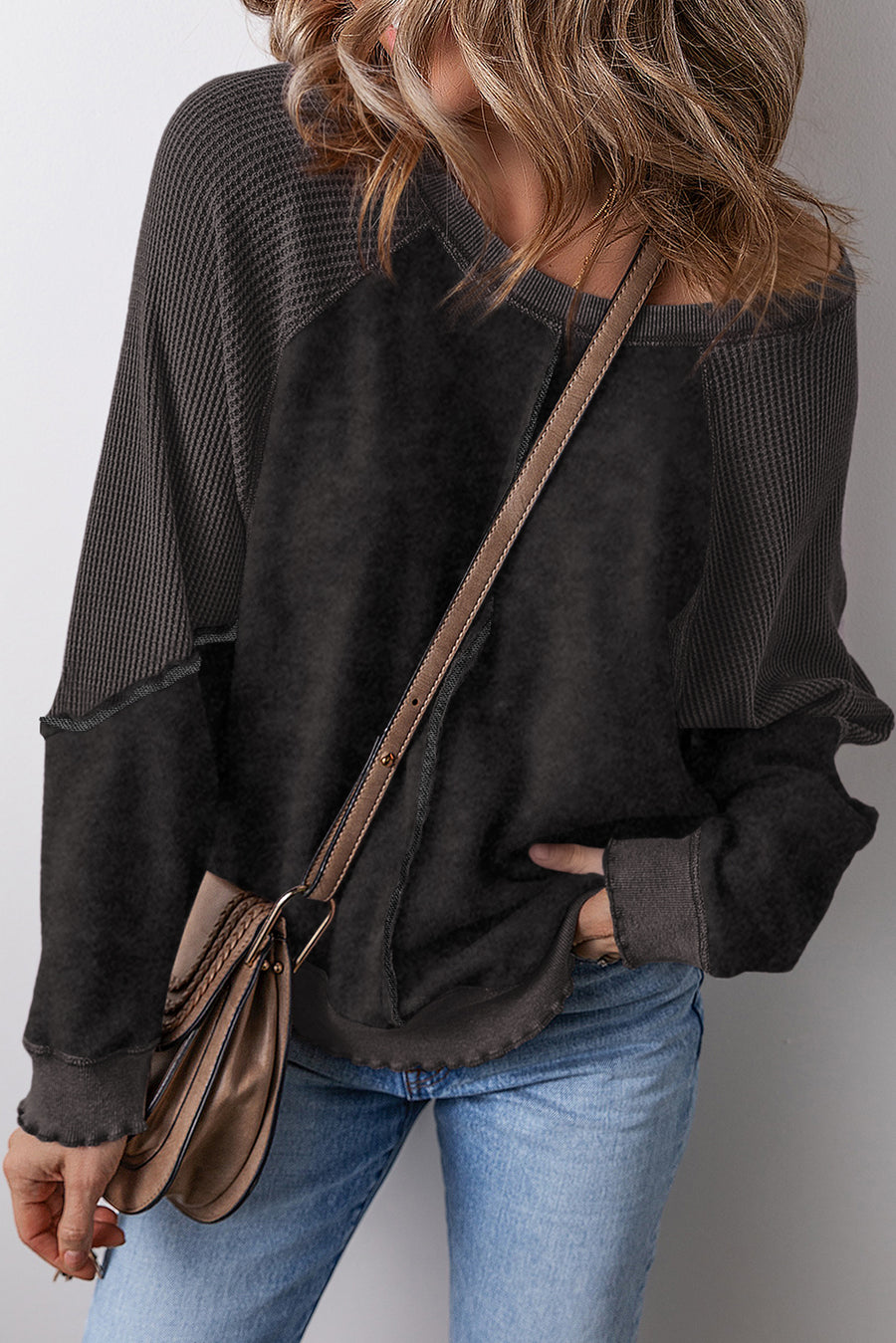 Waffle Knit Patchwork Raglan Sleeve Sweatshirt- 3 Colors