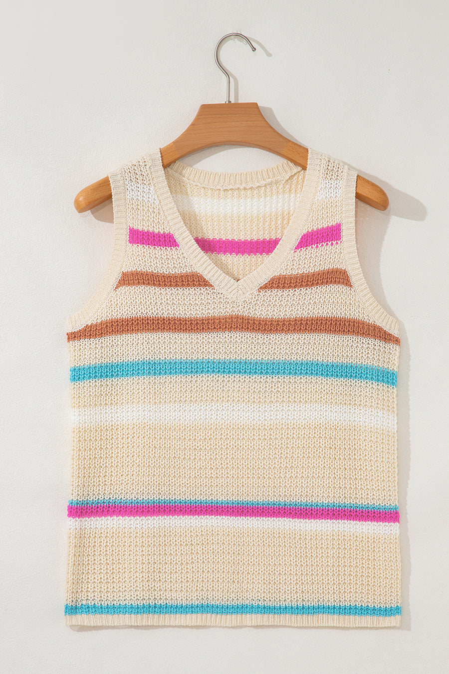 Khaki Striped V-Neck Textured Knit Vest