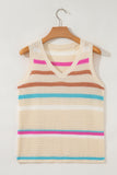 Khaki Striped V-Neck Textured Knit Vest