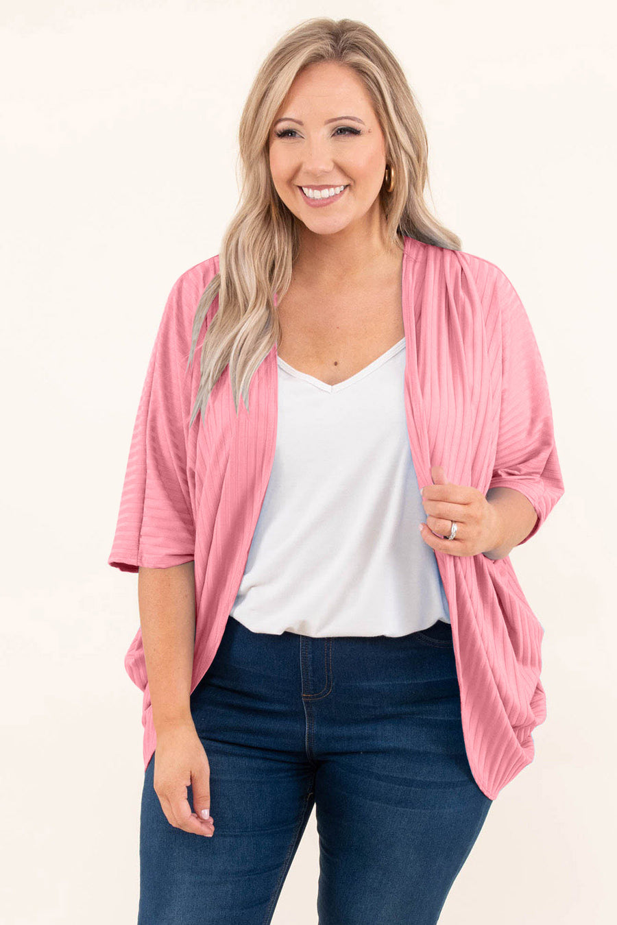Plus Size Pink Shimmer Ribbed Texture Cardigan