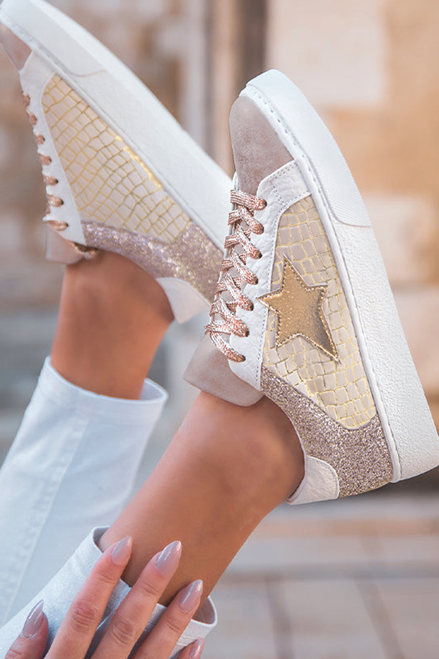 Glitter & Star Patchwork PU Leather Sneakers- 2 Colors