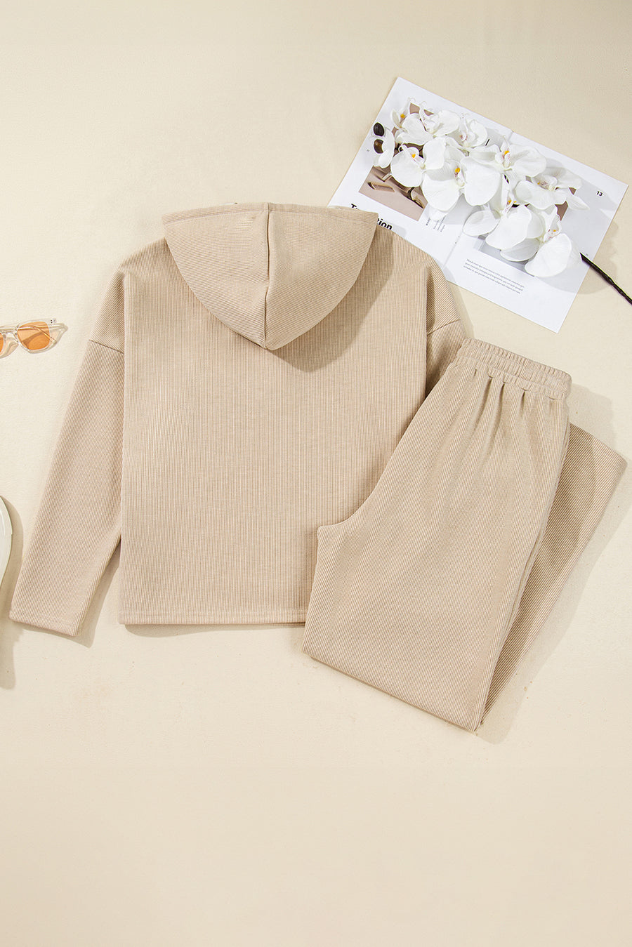Contrast Drawstring Hoodie and High Waist Pants Corduroy Set- 5 Colors