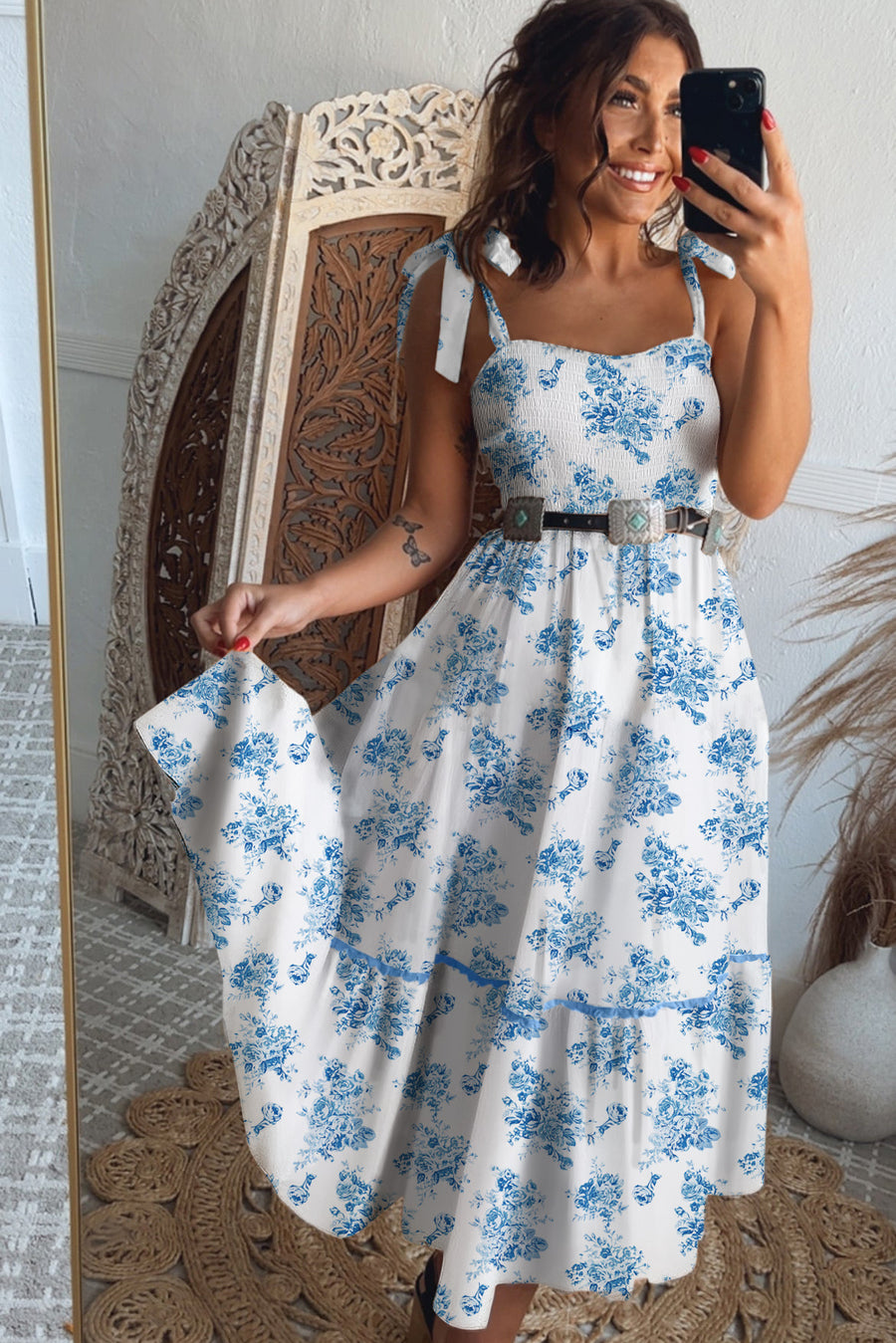 Blue Multi and White Floral Print Smocked Tie Strap Sleeveless Midi Dress