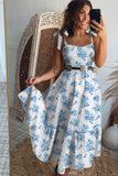 Blue Multi and White Floral Print Smocked Tie Strap Sleeveless Midi Dress