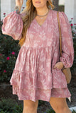 Plus Size Peach Floral Surplice V-Neck Long Sleeve Tiered Ruffle Mini Dress