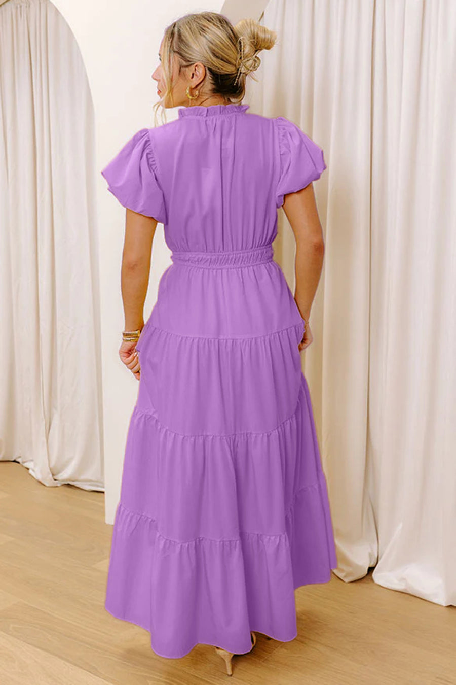 V-Neck Puff Sleeve High-Waist Tiered Maxi Dress- 3 Colors