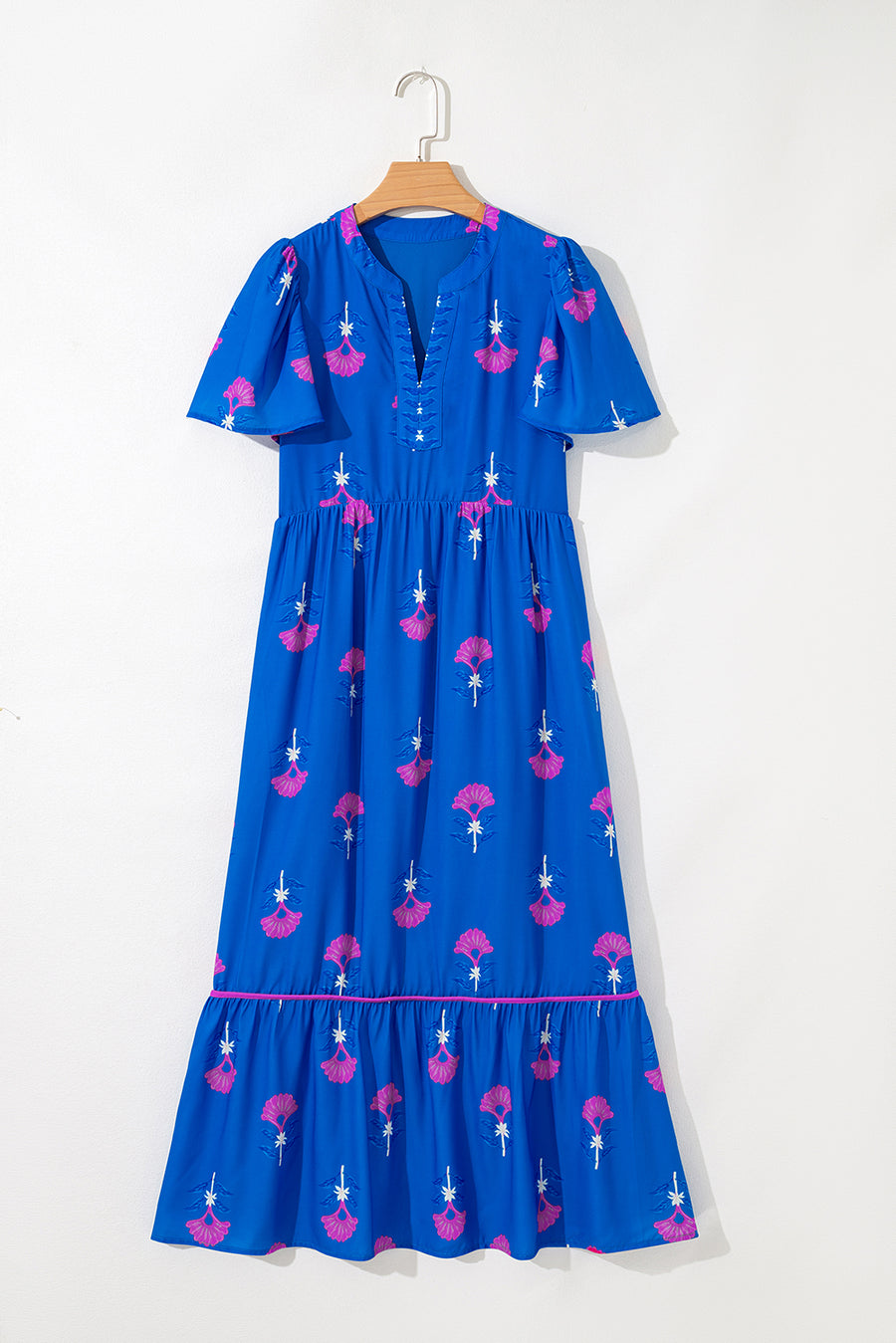 Blue Floral Print Notched Neck Flounce Sleeve Maxi Dress with Pockets- 2 Colors