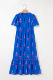 Blue Floral Print Notched Neck Flounce Sleeve Maxi Dress with Pockets- 2 Colors