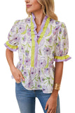Lavender Floral Frill V-Neck Smocked Peplum Blouse