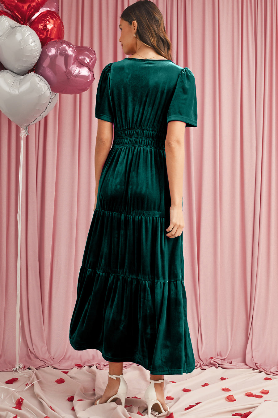 Velvet Puff Short Sleeve Smocked Waist Tiered Maxi Dress with Pockets- 3 Colors