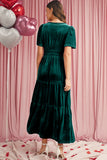Velvet Puff Short Sleeve Smocked Waist Tiered Maxi Dress with Pockets- 3 Colors