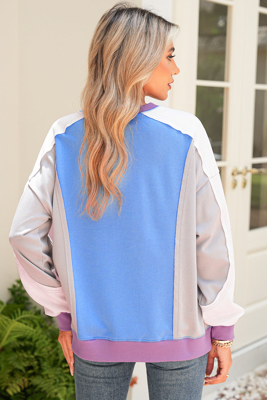 Blue Multi Color Block Patchwork Crew Neck Pullover Sweatshirt