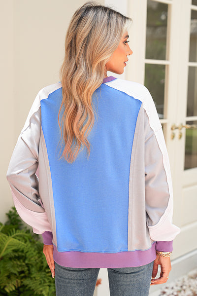 Blue Colorblock Patchwork Round Neck Pullover Sweatshirt