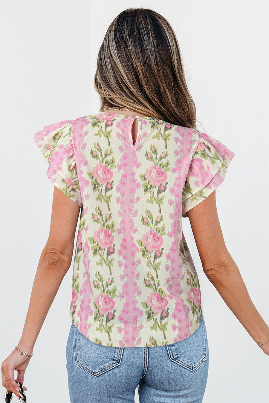 Pink Rose Layered Ruffle Short Sleeve Blouse