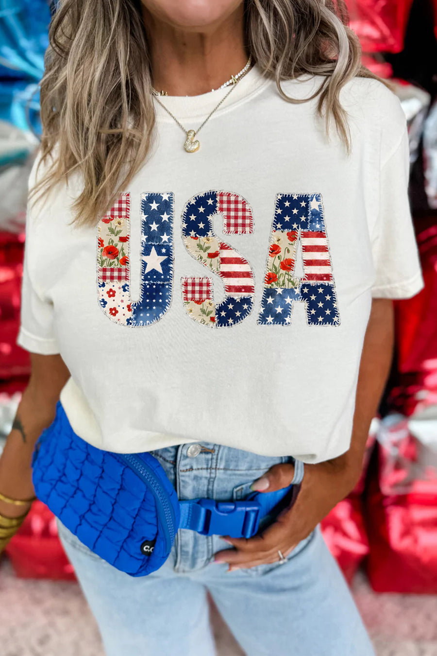 White Faux Patchwork USA Graphic T-Shirt