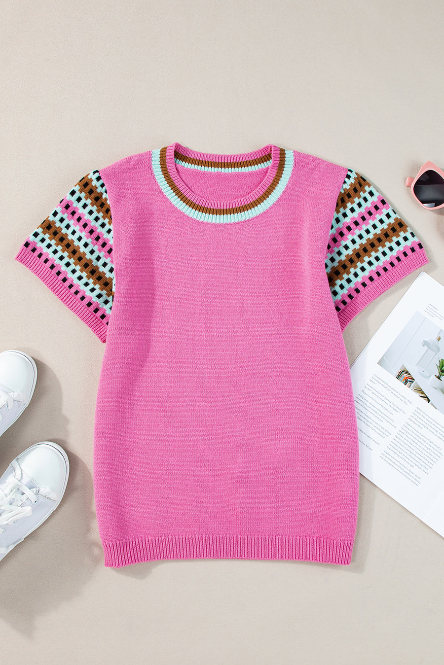 Bright Pink Square Stripes Crew Neck Short Sleeve Sweater