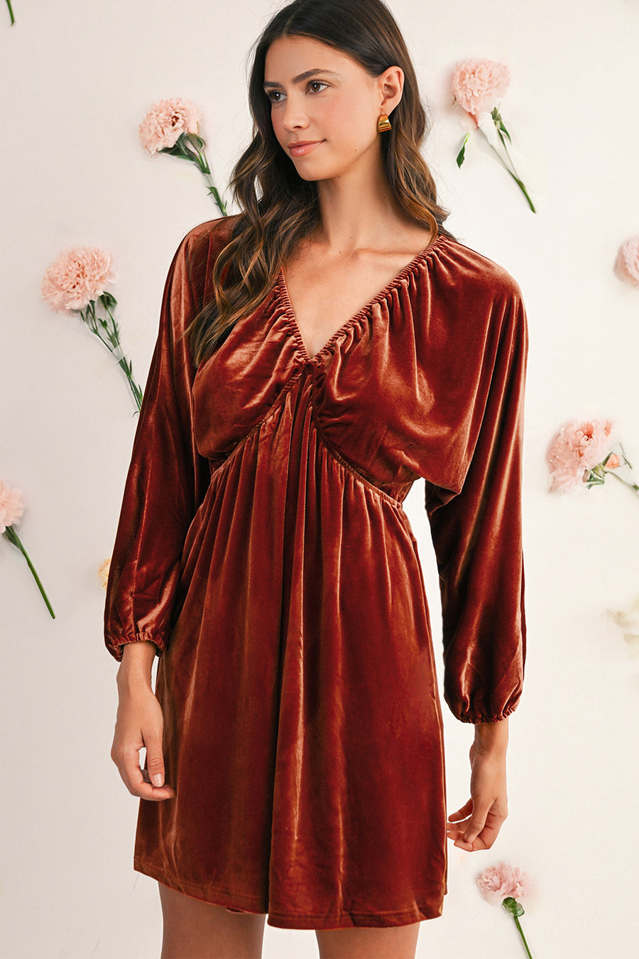 Clay Elastic V-Neck Puff Sleeve Flowy Velvet Dress