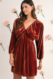 Clay Elastic V-Neck Puff Sleeve Flowy Velvet Dress
