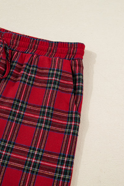 Red Plaid Contrast Color Christmas Holiday Long Sleeve Shirt and Shorts Pajama Set