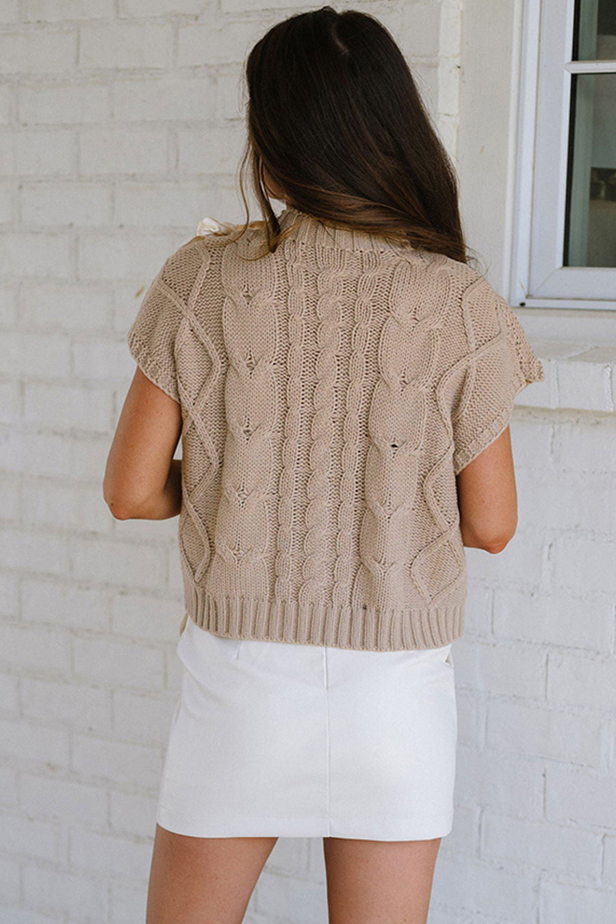 Taupe Satin Ribbon Lace-Up Short Sleeve Cable Knit Sweater