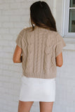 Taupe Satin Ribbon Lace-Up Short Sleeve Cable Knit Sweater
