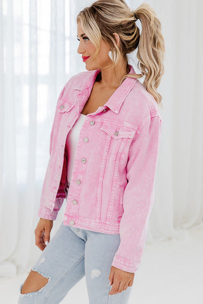 Women's Pink Celine Acid Wash Button Flap Pocket Denim Jacket