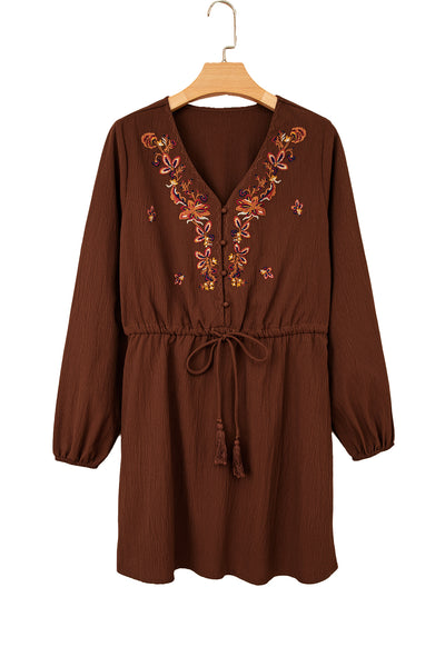 Burgundy Floral Embroidered Tassel Tie Waist Long Sleeve Mini Dress