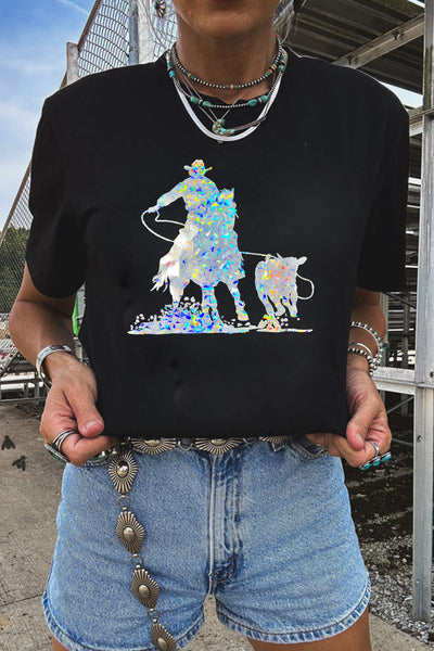 Black Western Cowboy Transfer Vinyl Process Graphic Crewneck Tee