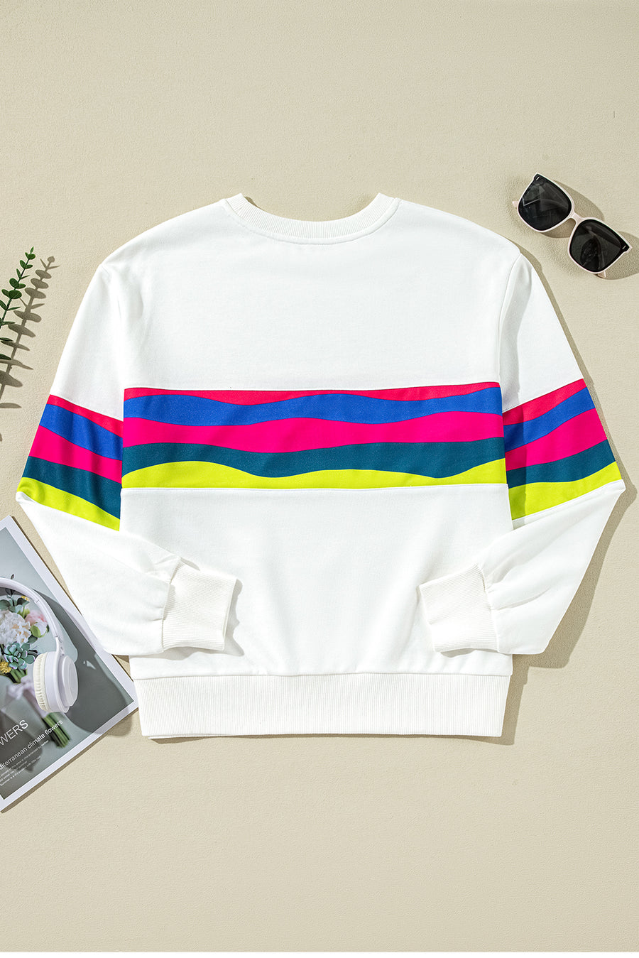 Green Multicolored Wavy Striped Crew Neck Long Sleeve Top- 2 Colors
