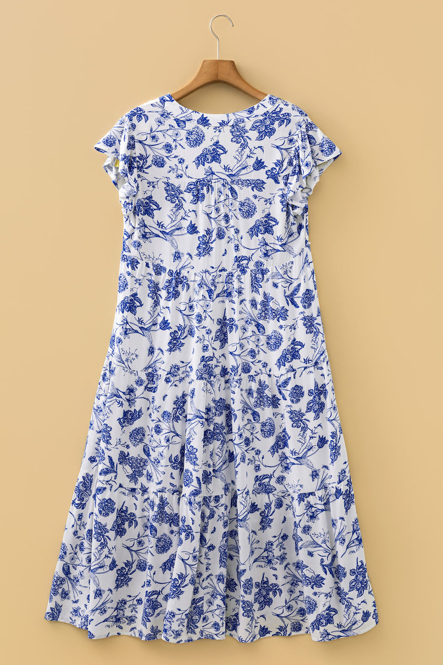 Blue Floral Ruffled Short Sleeve Tiered Midi Dress