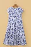 Blue Floral Ruffled Short Sleeve Tiered Midi Dress