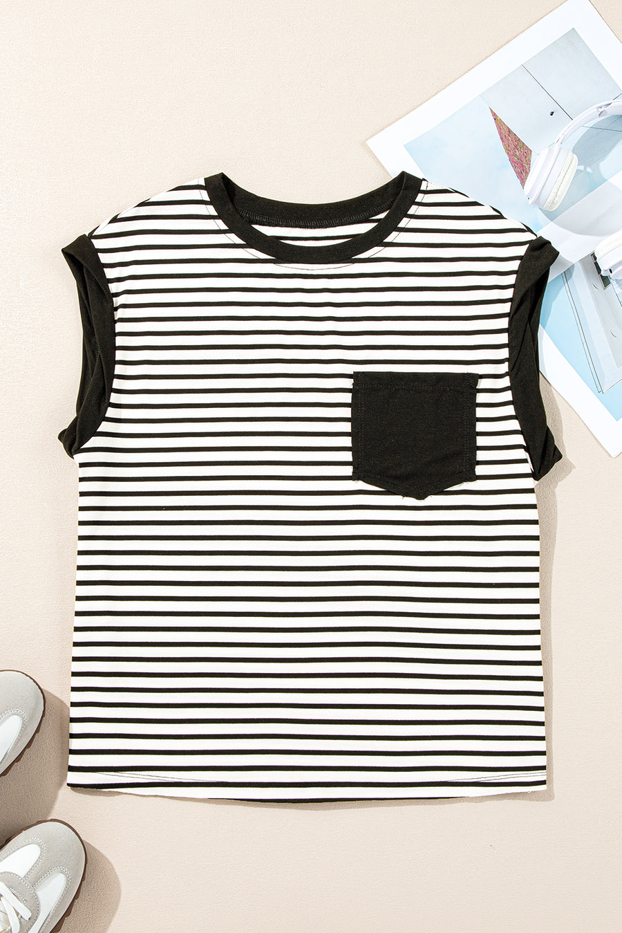 Striped Chest Pocket Crew Neck Muscle Tee- 2 Colors