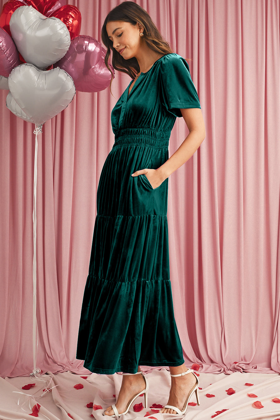 Velvet Puff Short Sleeve Smocked Waist Tiered Maxi Dress with Pockets- 3 Colors