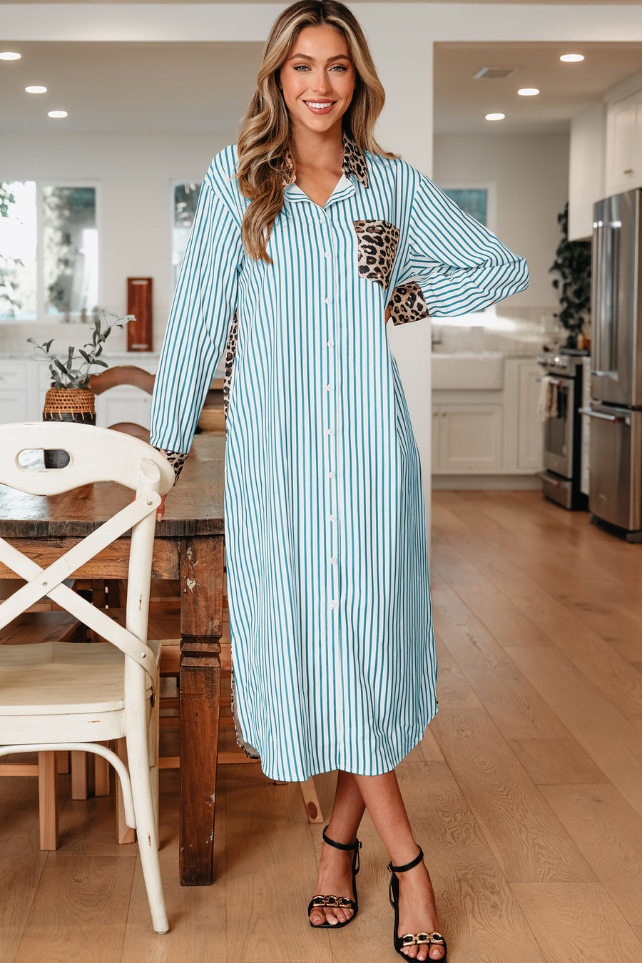 Striped Contrast Trim Leopard Patchwork Long Sleeve Midi Shirt Dress- 2 Colors