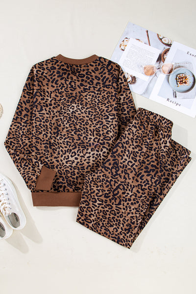 Coffee Allover Leopard Print Contrast Trim Long Sleeve Top and Pants Set