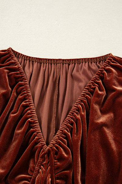 Clay Elastic V Neck Puff Sleeve Flowy Velvet Dress