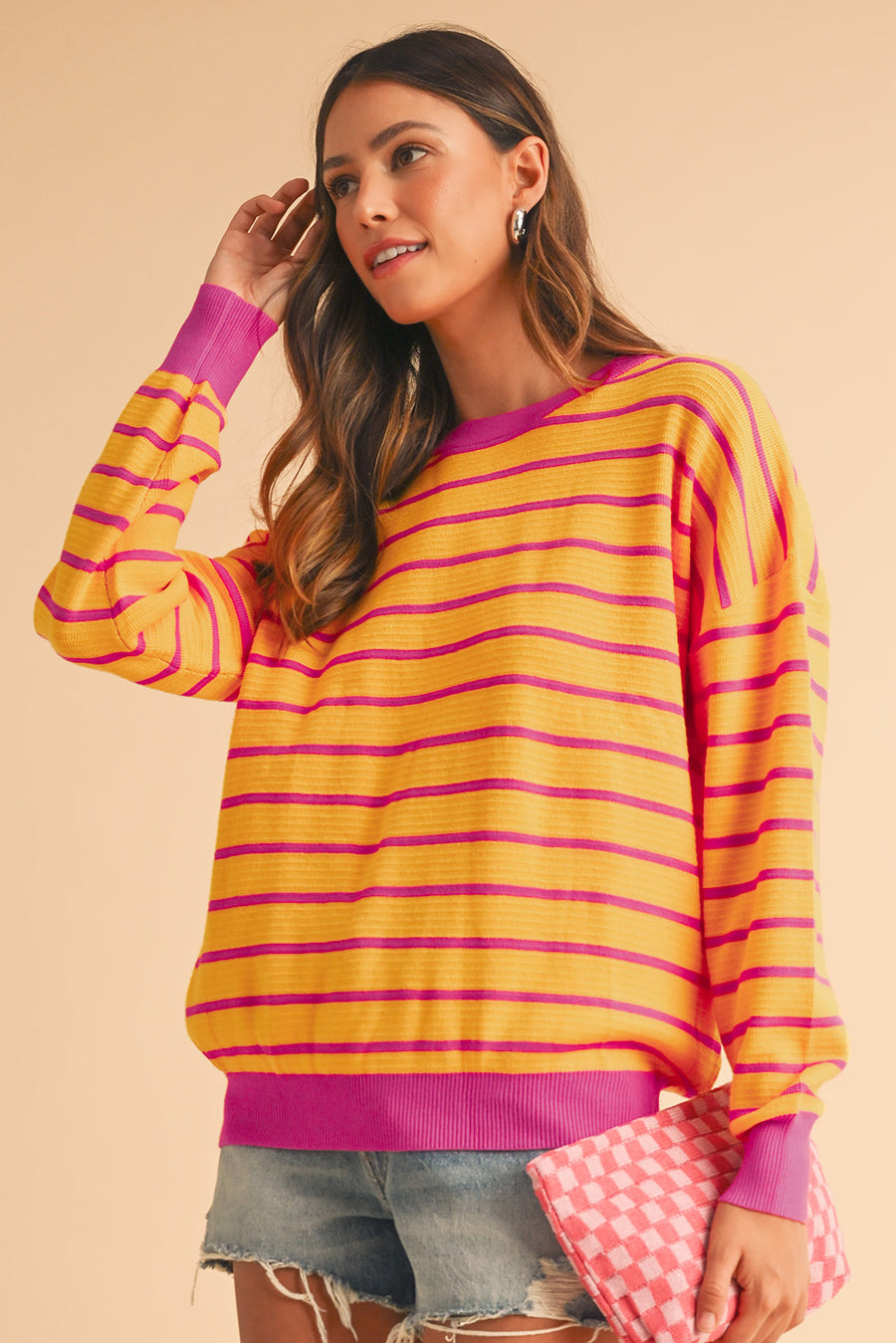 Striped Crew Neck Drop Shoulder Loose Sweater- 3 Colors