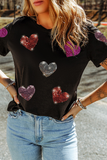 Black Sequin Hearts Pattern Crew Neck Graphic T-Shirt