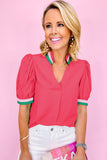 Puff Sleeve Color Block Frill V-Neck Blouse