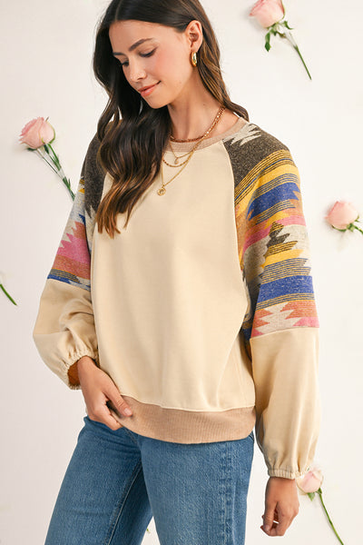 Light French Beige Geometric Patchwork Raglan Sleeve Pullover Sweatshirt