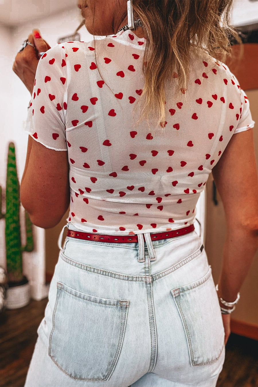 All Over Heart Print Mesh Short Sleeve Top- 2 Colors