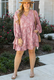 Plus Size Peach Floral Surplice V-Neck Long Sleeve Tiered Ruffle Mini Dress
