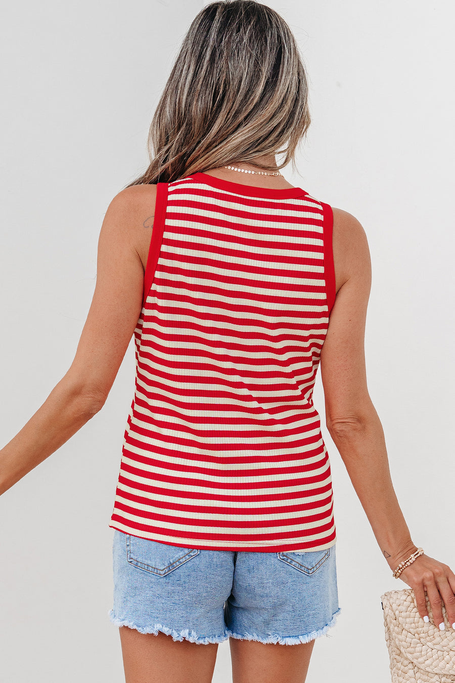 Red Striped Button-Up Ribbed Knit Tank Top