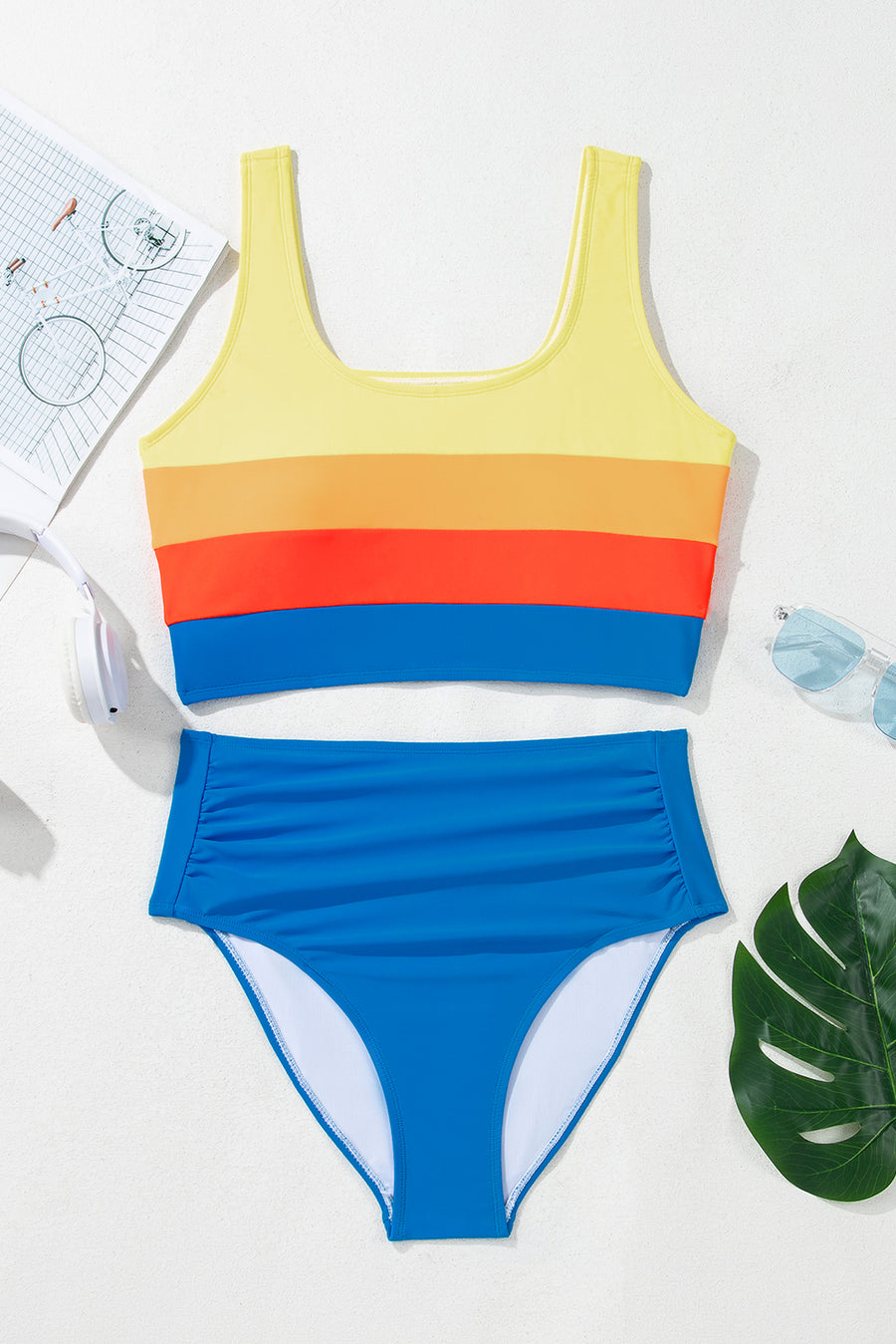 Color Block Pleated High-Waisted Tankini