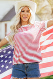 Red Striped Contrast Trim Crew Neck Short Puff Sleeve T-Shirt