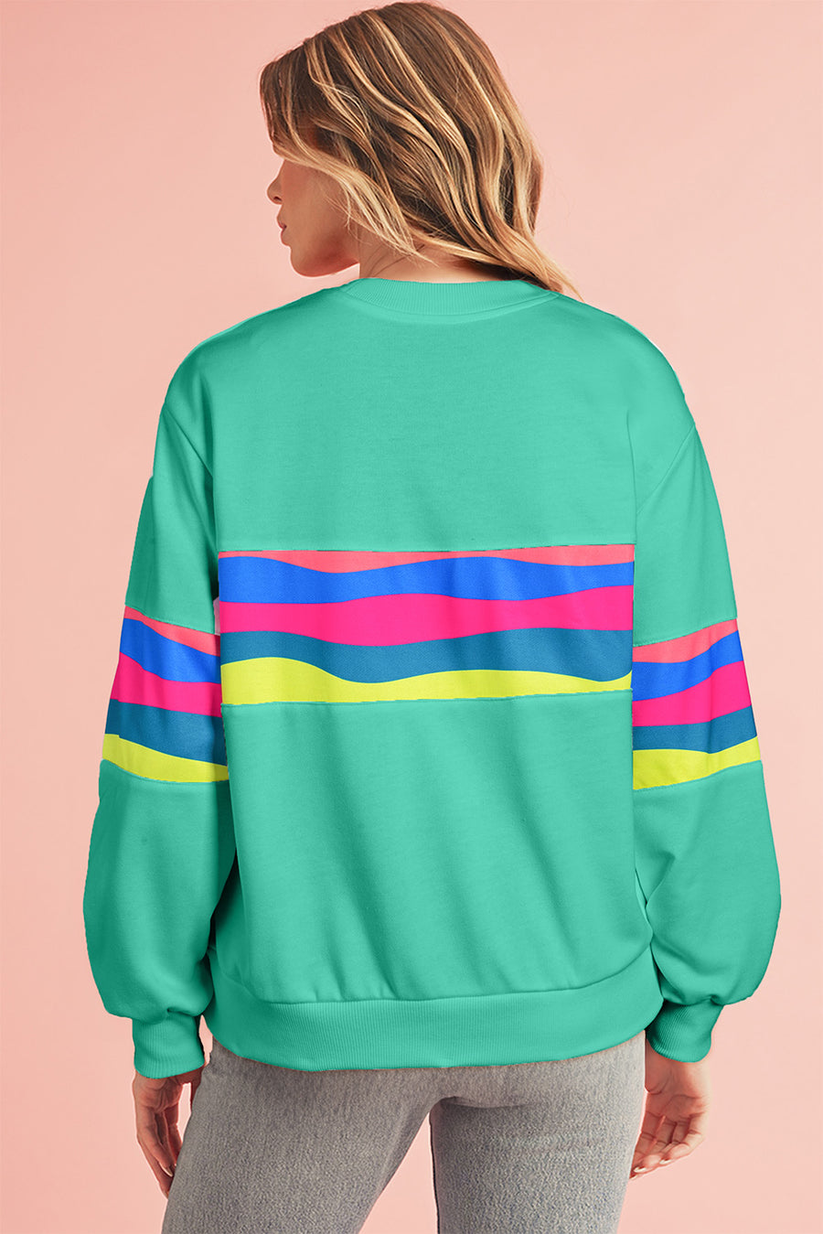 Green Multicolored Wavy Striped Crew Neck Long Sleeve Top- 2 Colors