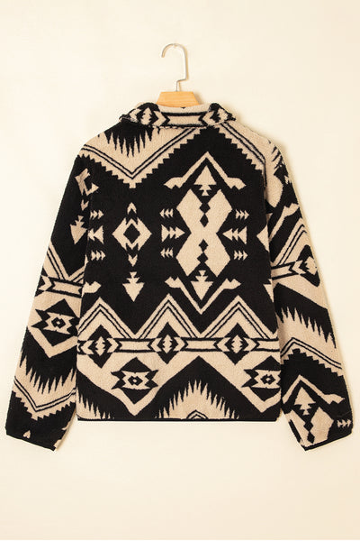 Beige Vintage Geometric Half Zip Plush Sweatshirt