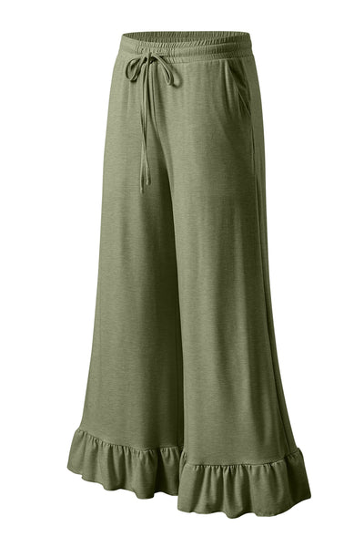 Jungle Green Solid Color Ruffle Hem Wide Leg Pants