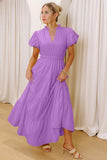 V-Neck Puff Sleeve High-Waist Tiered Maxi Dress- 3 Colors