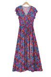 Blue Floral Print V-Neck Wrap Split Maxi Dress